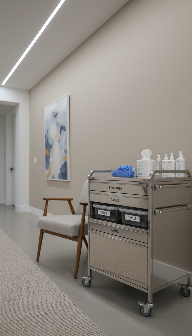An elegant, stainless steel portable medical supply caddy meticulously organized with labeled containers, disposable gloves, sanitizing wipes, and gentle cleansing solutions, standing beside a minimalist, upholstered armchair in a tastefully decorated residential hallway. Overhead LED lighting illuminates the space, creating a bright, clinical clarity that highlights the caddy's reflective surfaces and the soft neutral colors of the surrounding decor. The composition utilizes rule of thirds, with sharp focus throughout, conveying a reliable and efficient mood while emphasizing hygienic care. The artistic style is contemporary and precise, suited to a modern home health business.